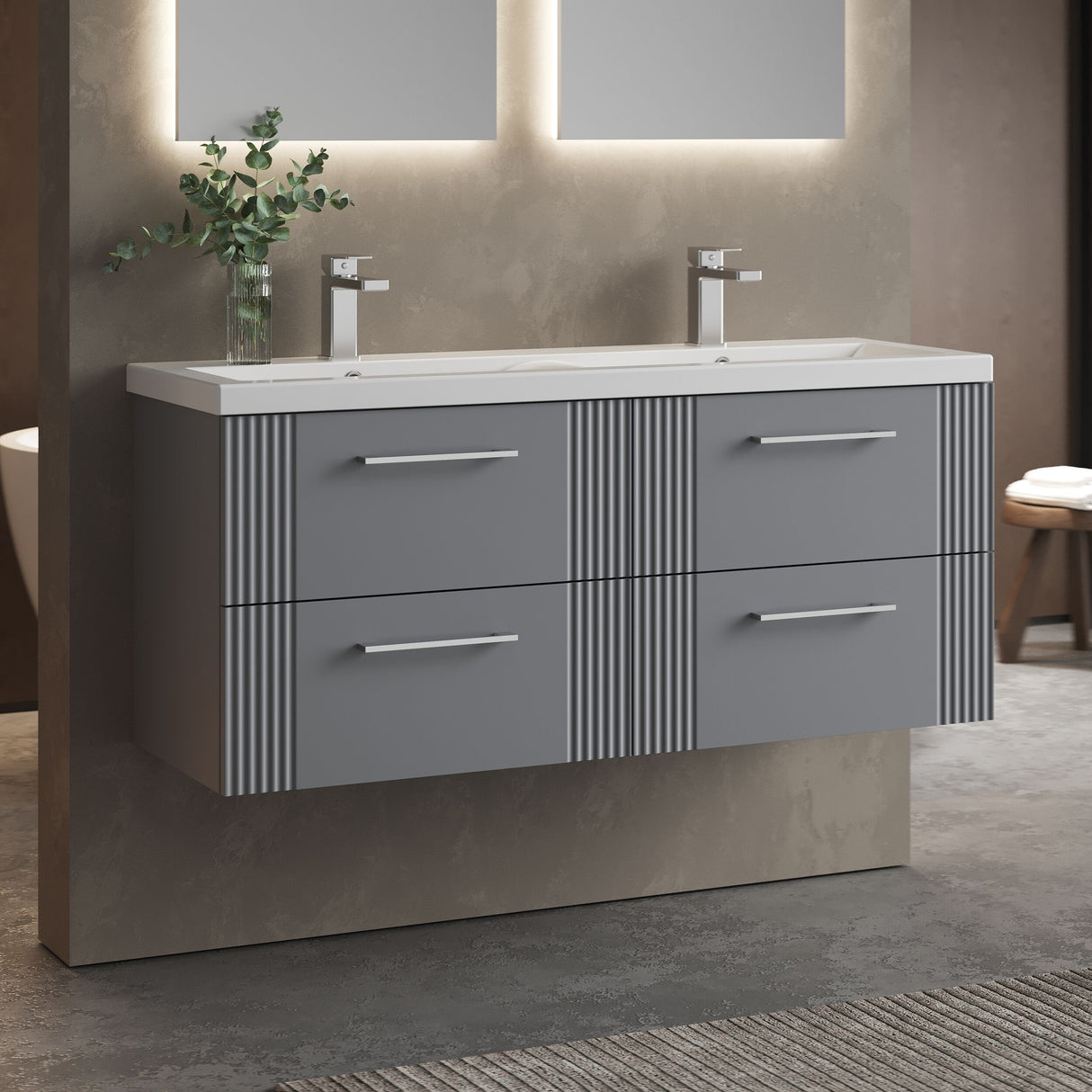 [BFPF293F] Belvide Retro Partial Fluted 4 Drawer Wall Hung Vanity Basin Unit with Double Ceramic Basin, Choice of Colour - Lifestyle 3
