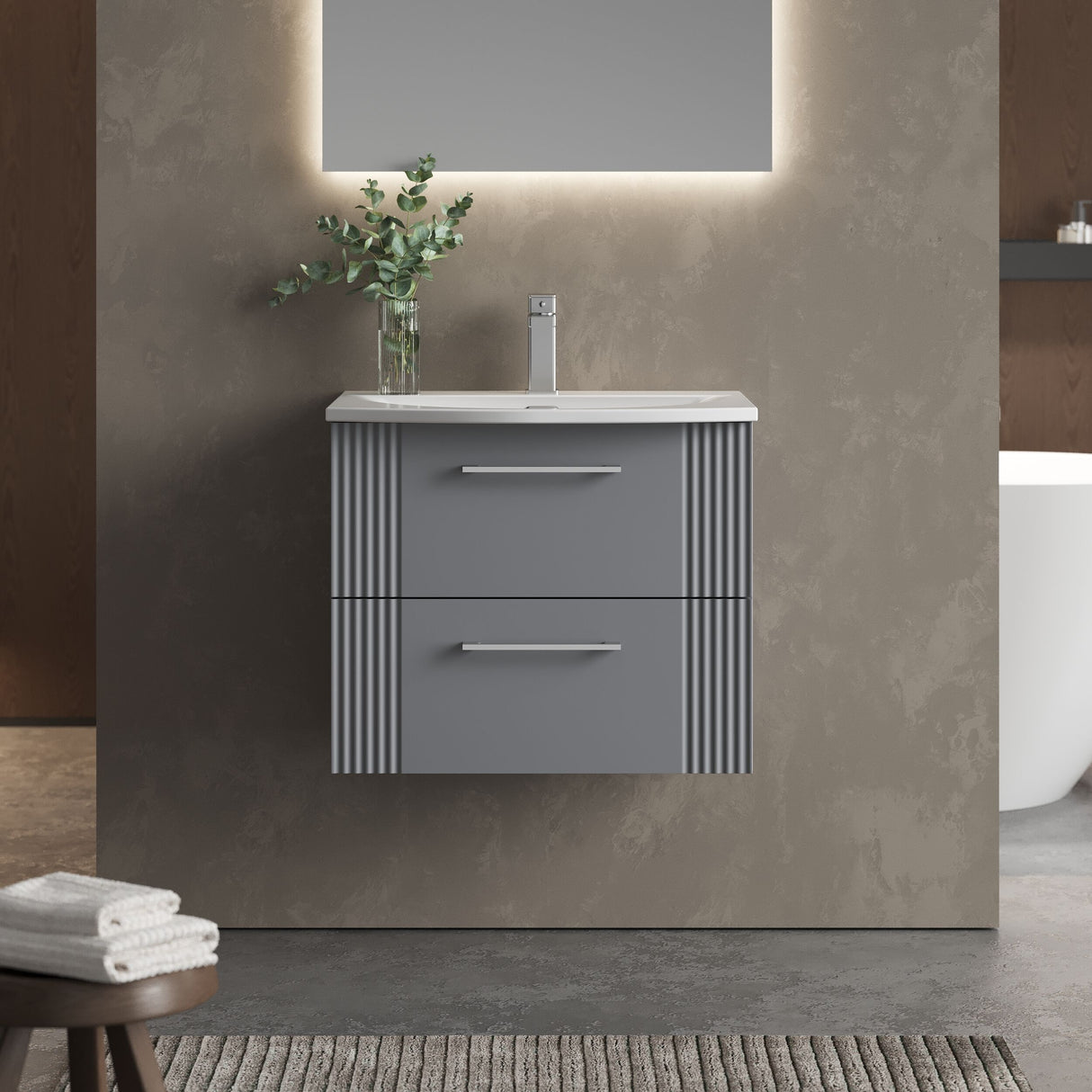 [BFPF293G] Belvide Retro Partial Fluted 2 Drawer Wall Hung Vanity Basin Unit with Curved Basin, Choice of Size and Colour - Lifestyle 1