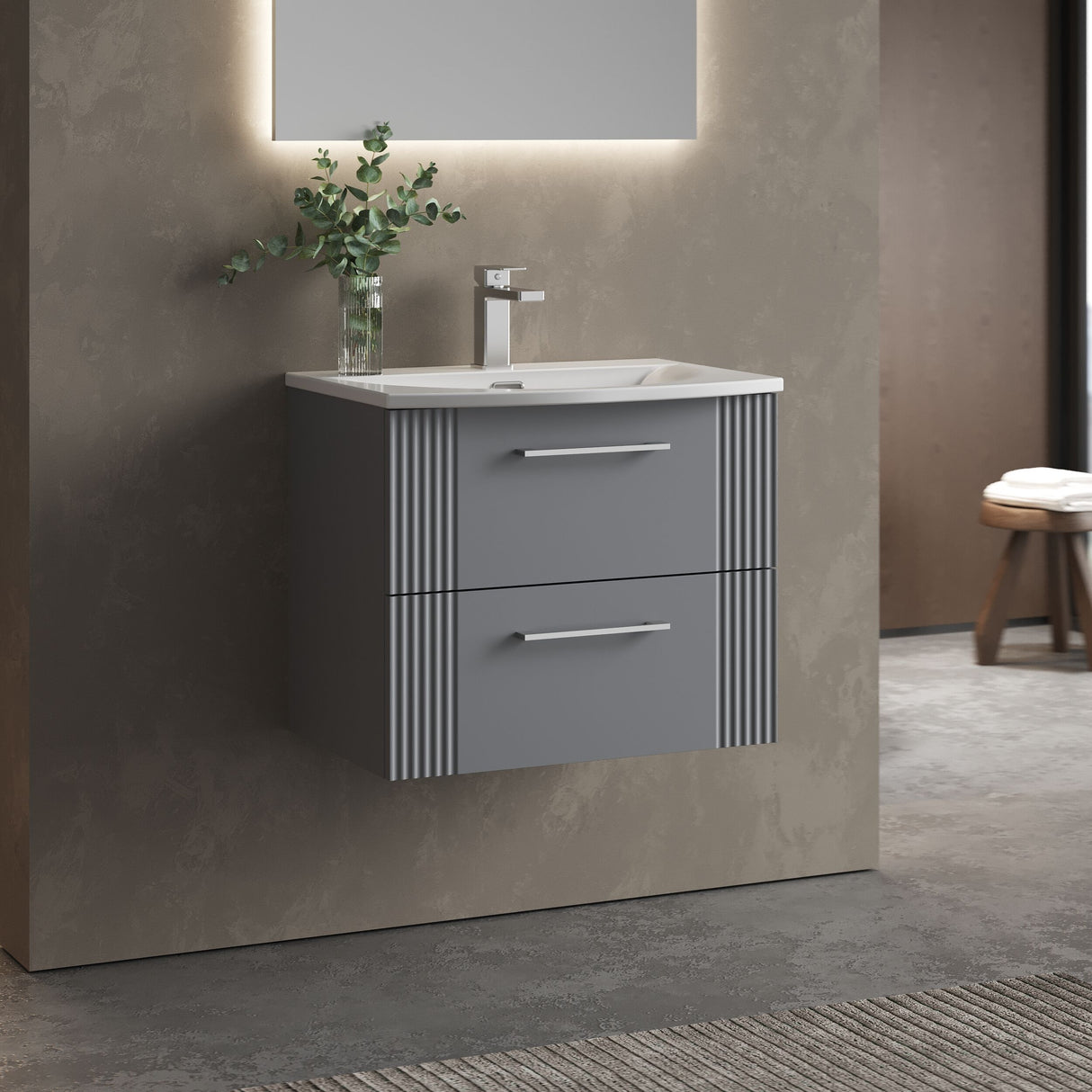 [BFPF293G] Belvide Retro Partial Fluted 2 Drawer Wall Hung Vanity Basin Unit with Curved Basin, Choice of Size and Colour - Lifestyle 3