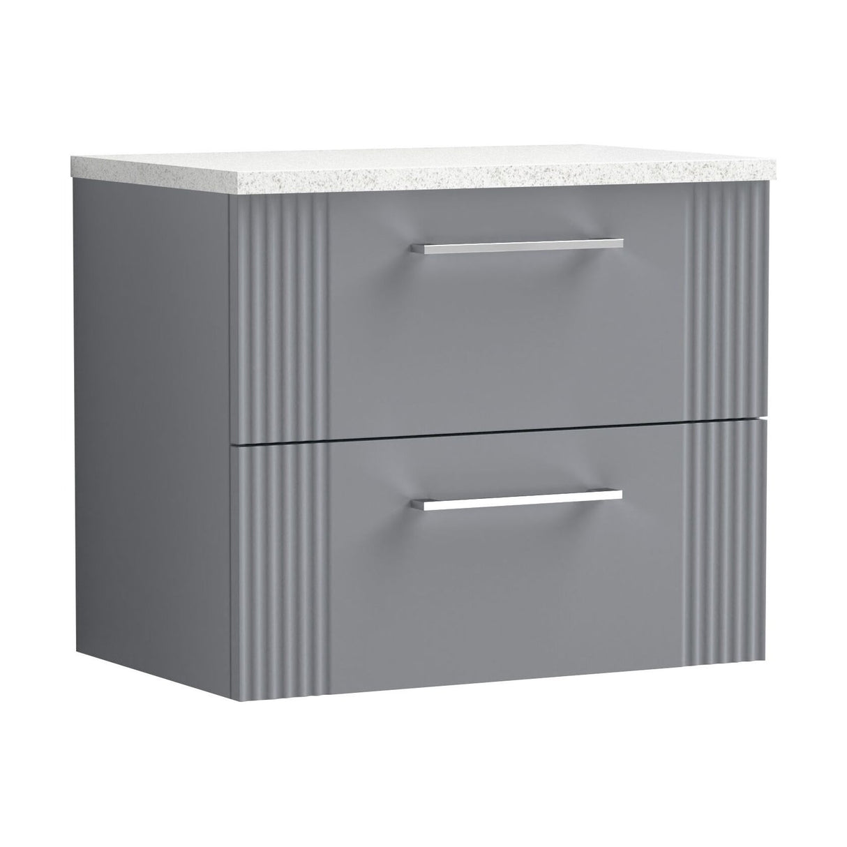 [BFPF293LSW] Partial Fluted 2 Drawer Wall Hung Vanity Unit with Sparkling White Laminate Worktop - 600mm - Satin Grey - Cutout