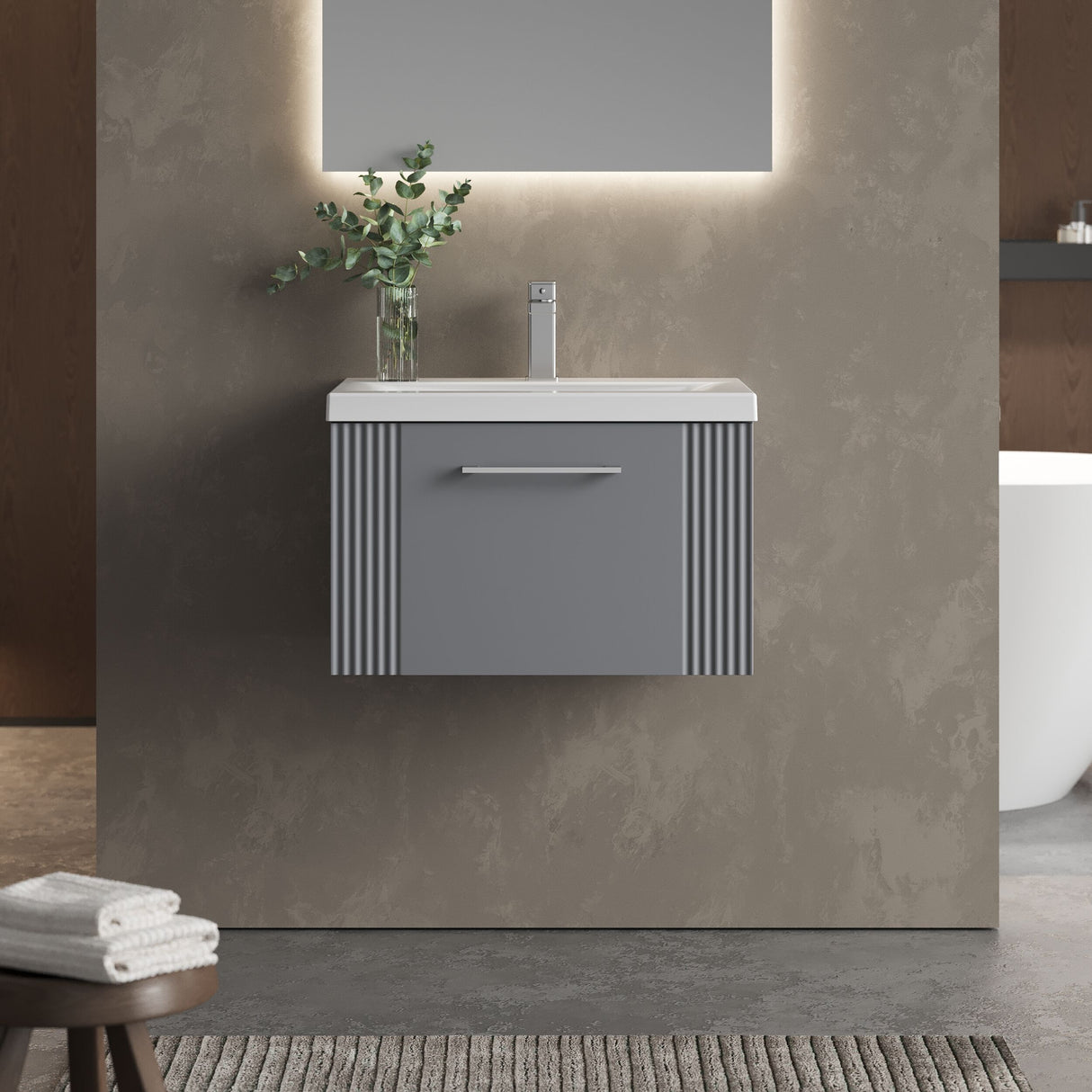 [BFPF294A] Belvide Partial Fluted 1 Drawer Wall Hung Vanity Unit with Mid-Edge 1 Tap Hole Ceramic Basin - Lifestyle 1