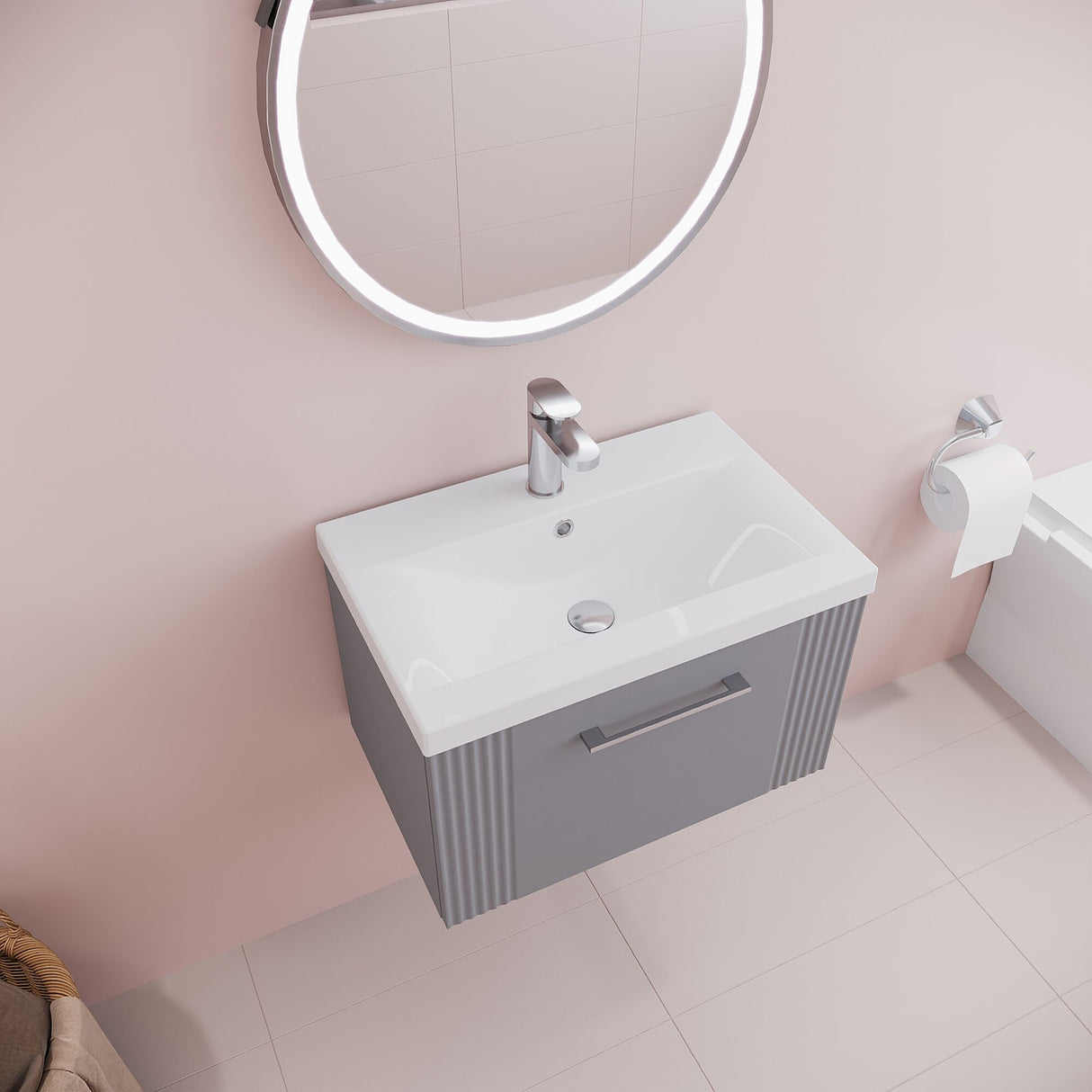 [BFPF294A] Belvide Partial Fluted 1 Drawer Wall Hung Vanity Unit with Mid-Edge 1 Tap Hole Ceramic Basin - Lifestyle 2