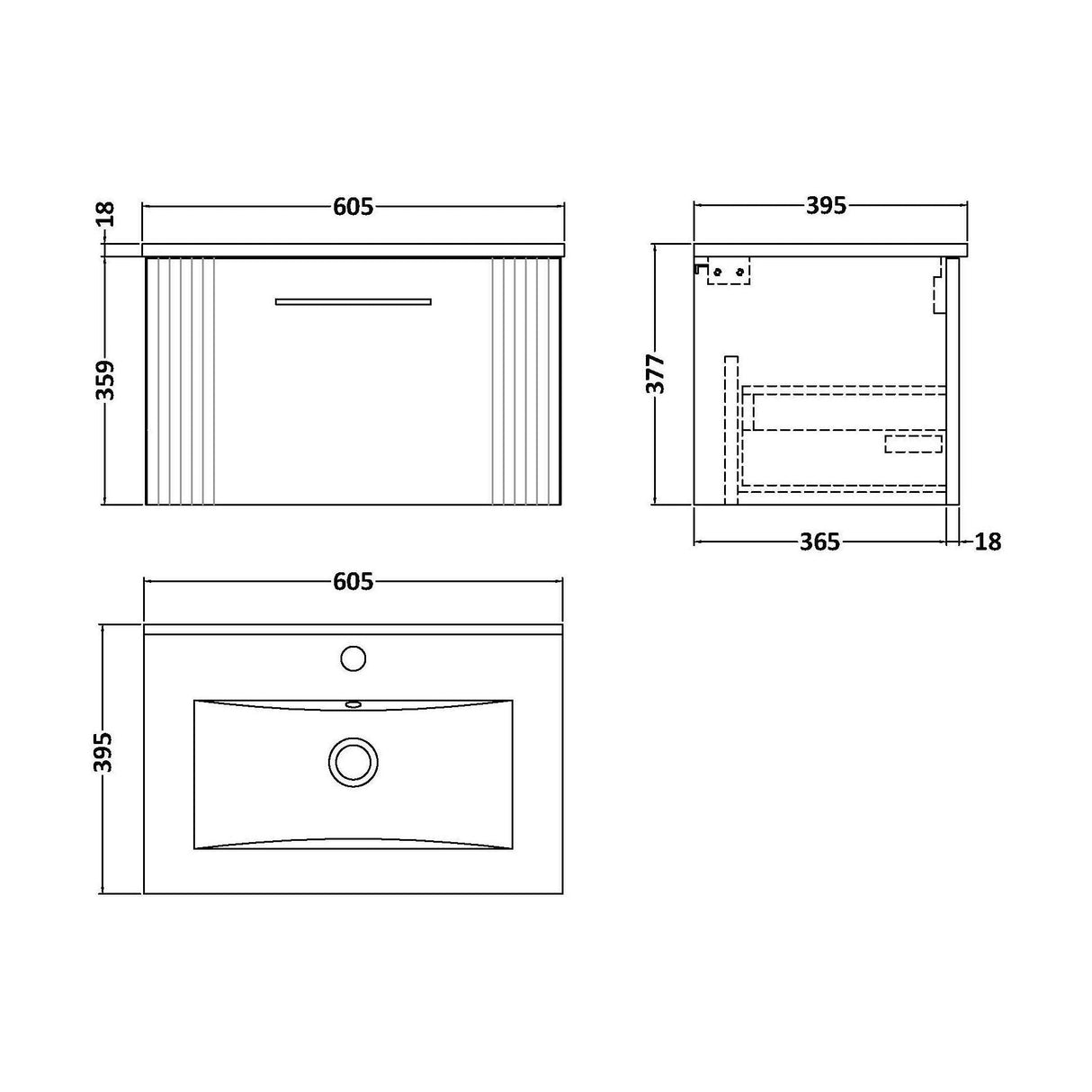 [BFPF294B] Belvide Retro Partial Fluted 1 Drawer Wall Hung Vanity Basin Unit with Minimalist Basin, Choice of Size and Colour - Technical Drawing