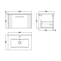 [BFPF294B] Belvide Retro Partial Fluted 1 Drawer Wall Hung Vanity Basin Unit with Minimalist Basin, Choice of Size and Colour - Technical Drawing