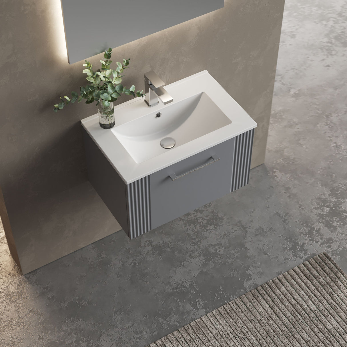 [BFPF294B] Belvide Retro Partial Fluted 1 Drawer Wall Hung Vanity Basin Unit with Minimalist Basin, Choice of Size and Colour