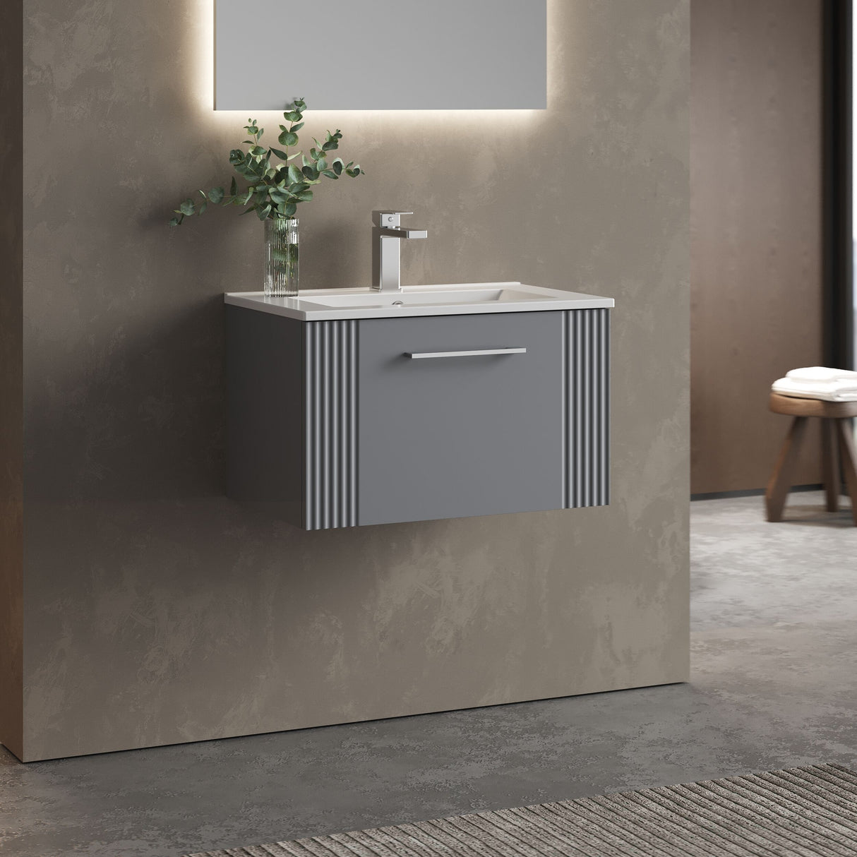 [BFPF294B] Belvide Retro Partial Fluted 1 Drawer Wall Hung Vanity Basin Unit with Minimalist Basin, Choice of Size and Colour