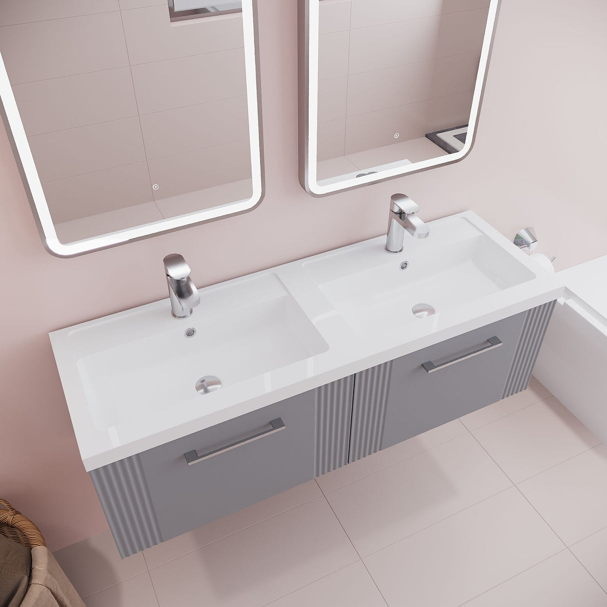[BFPF294C] Belvide Retro Partial Fluted 2 Drawer Wall Hung Vanity Basin Unit with Double Polymarble Basin, Choice of Colour - Lifestyle 2