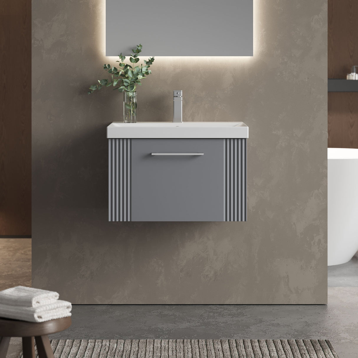[BFPF294D] Belvide Retro Partial Fluted 1 Drawer Wall Hung Vanity Basin Unit with Thin-Edge Basin, Choice of Size and Colour - Lifestyle 1