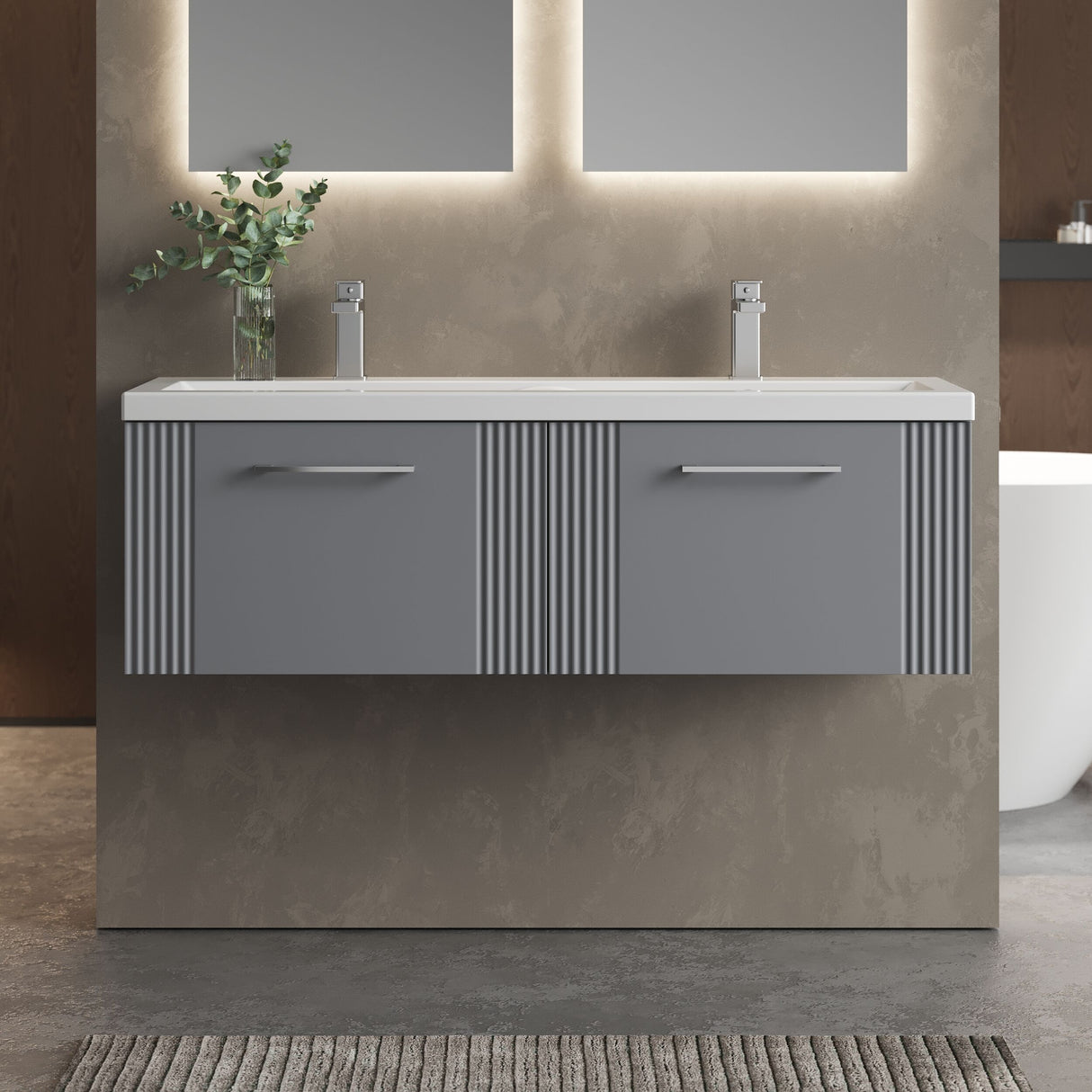 [BFPF294F] Belvide Retro Partial Fluted 2 Drawer Wall Hung Vanity Basin Unit with Double Ceramic Basin, Choice of Colour - Lifestyle 1