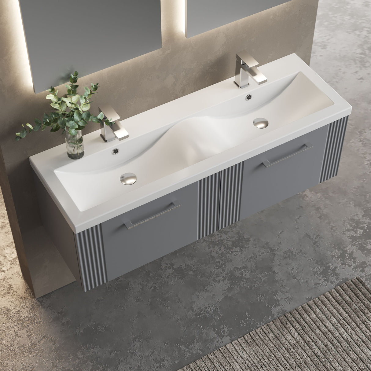 [BFPF294F] Belvide Retro Partial Fluted 2 Drawer Wall Hung Vanity Basin Unit with Double Ceramic Basin, Choice of Colour - Lifestyle 2
