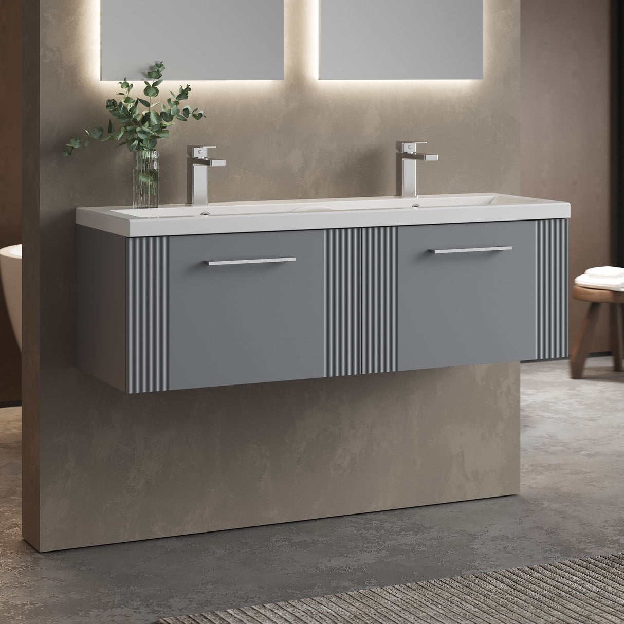 [BFPF294F] Belvide Retro Partial Fluted 2 Drawer Wall Hung Vanity Basin Unit with Double Ceramic Basin, Choice of Colour - Lifestyle 3