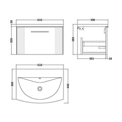[BFPF294G] Belvide Retro Partial Fluted 1 Drawer Wall Hung Vanity Basin Unit with Curved Basin, Choice of Size and Colour - Technical Drawing