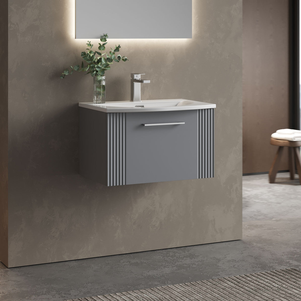 [BFPF294G] Partial Fluted 1 Drawer Wall Hung Vanity Unit with 1 Tap Hole Curved Basin- 600mm - Satin Grey - Lifestyle 3