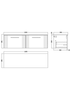 [BFPF294LCM2] Belvide Retro Partial Fluted 1 Drawer Wall Hung Vanity Unit with Carrera Marble Laminate Worktop, Choice of Colour - Line Drawing