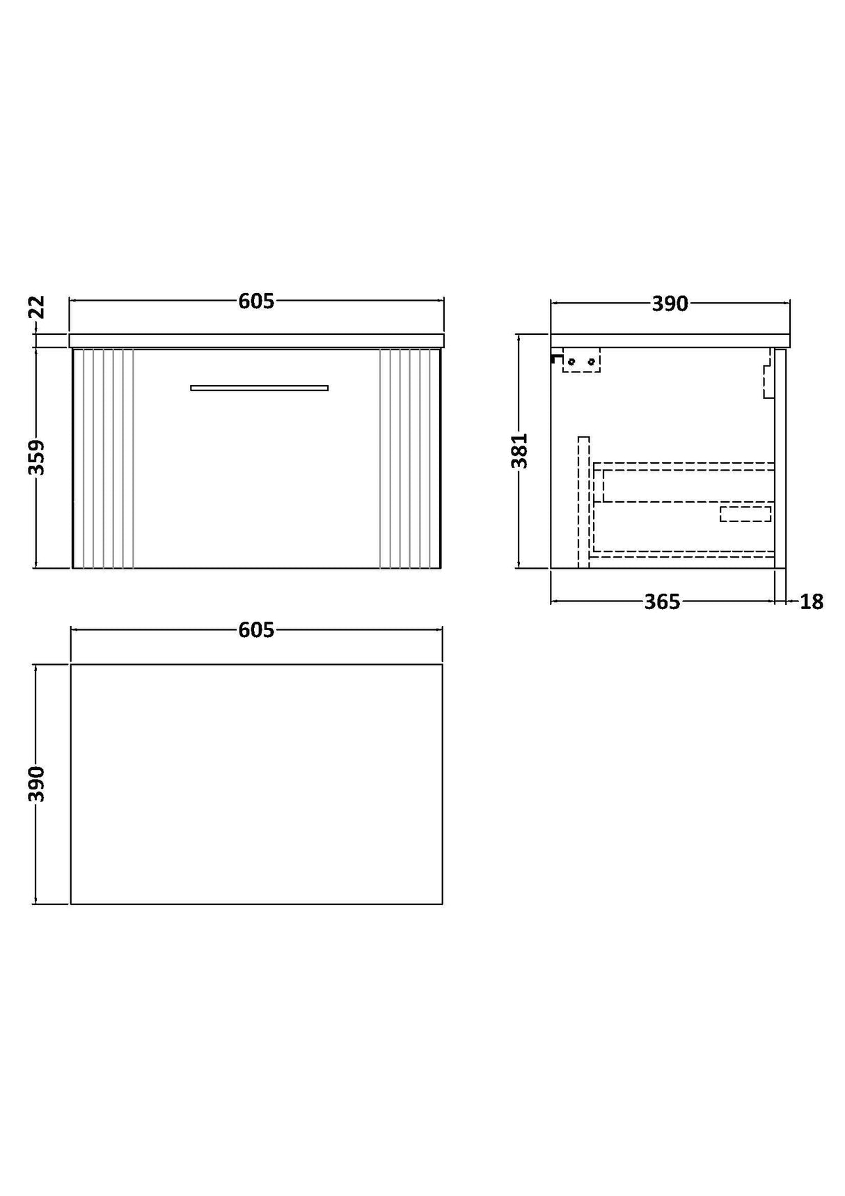 [BFPF294LCM] Belvide Retro Partial Fluted 1 Drawer Wall Hung Vanity Unit with Carrera Marble Laminate Worktop, Choice of Size and Colour - Line Drawing