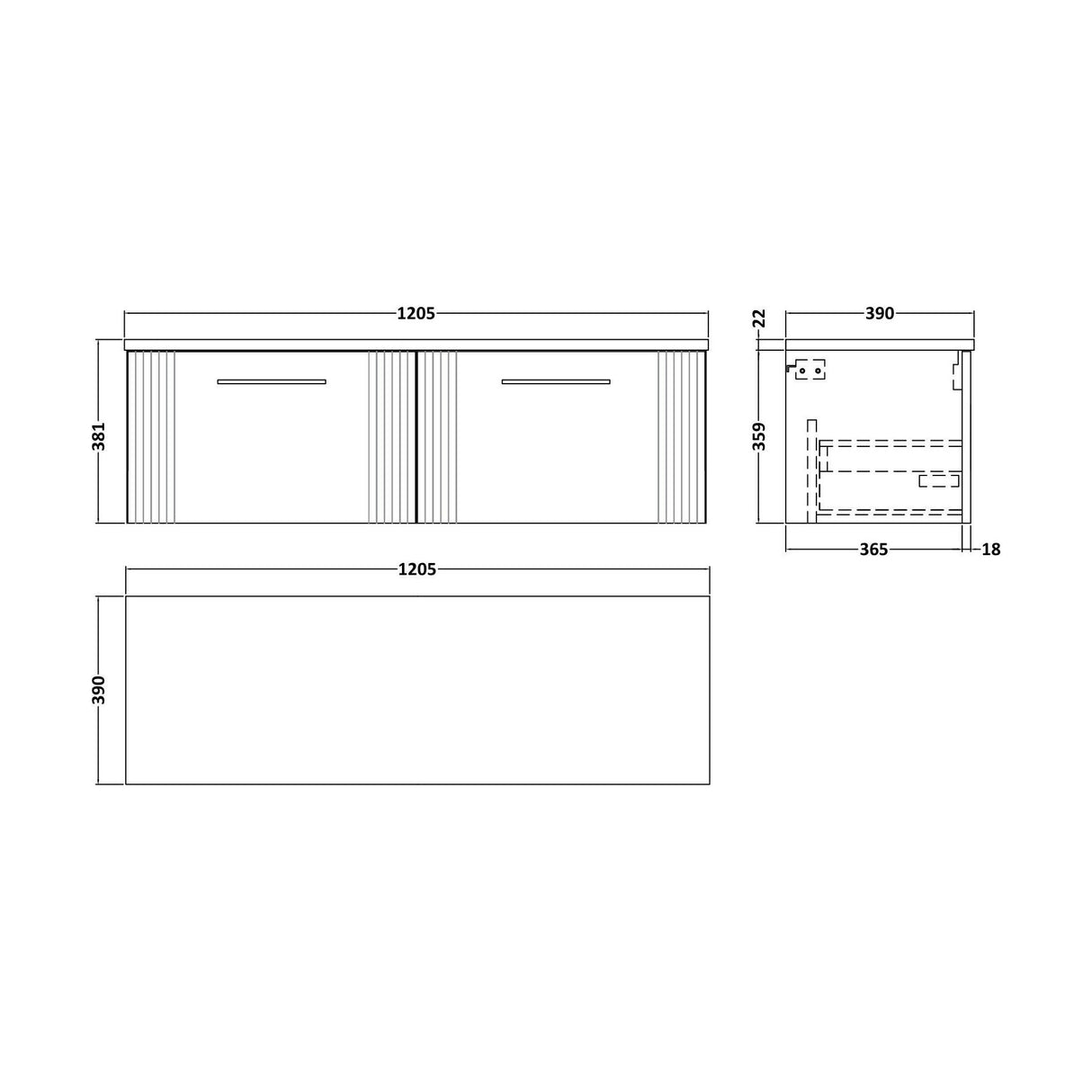 [BFPF294LSW2] Partial Fluted 2 Drawer Wall Hung Vanity Unit with Sparkling White Laminate Worktop - 1200mm - Satin Grey - Technical Drawing