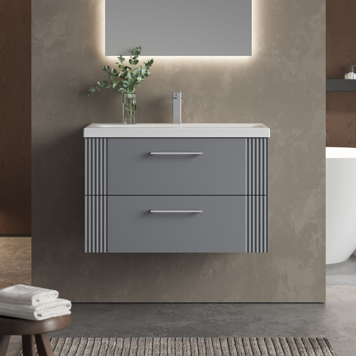 [BFPF295A] Belvide Partial Fluted 2 Drawer Wall Hung Vanity Unit with Mid-Edge 1 Tap Hole Ceramic Basin - Lifestyle 1