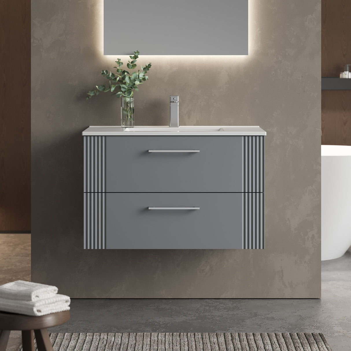 [BFPF295B] Belvide Retro Partial Fluted 2 Drawer Wall Hung Vanity Basin Unit with Minimalist Basin, Choice of Size and Colour - Lifestyle 1