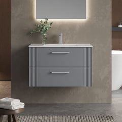 [BFPF295B] Belvide Retro Partial Fluted 2 Drawer Wall Hung Vanity Basin Unit with Minimalist Basin, Choice of Size and Colour - Lifestyle 1