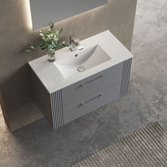 [BFPF295B] Belvide Retro Partial Fluted 2 Drawer Wall Hung Vanity Basin Unit with Minimalist Basin, Choice of Size and Colour - Lifestyle 2