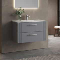 [BFPF295B] Belvide Retro Partial Fluted 2 Drawer Wall Hung Vanity Basin Unit with Minimalist Basin, Choice of Size and Colour - Lifestyle 3