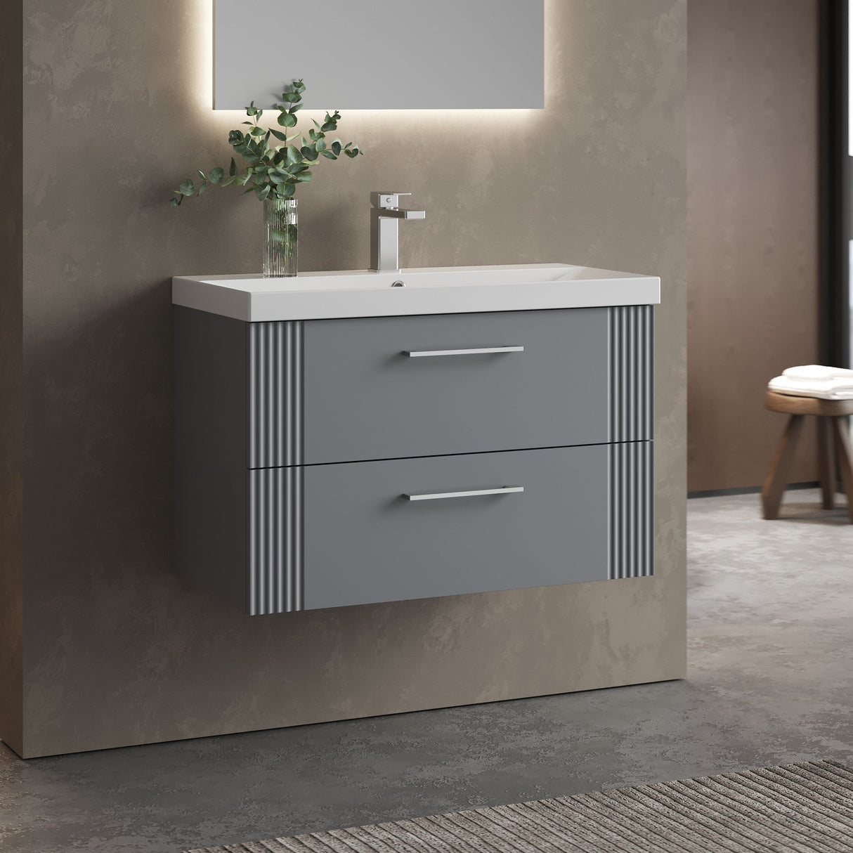 [BFPF295D] Belvide Retro Partial Fluted 2 Drawer Wall Hung Vanity Basin Unit with Thin-Edge Basin, Choice of Size and Colour - Lifestyle 3