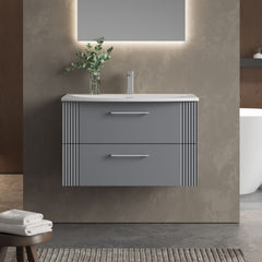 [BFPF295G] Belvide Retro Partial Fluted 2 Drawer Wall Hung Vanity Basin Unit with Curved Basin, Choice of Size and Colour - Lifestyle 1
