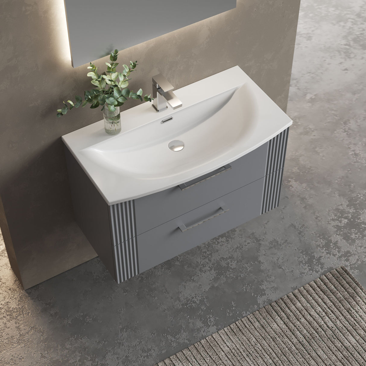 [BFPF295G] Belvide Retro Partial Fluted 2 Drawer Wall Hung Vanity Basin Unit with Curved Basin, Choice of Size and Colour - Lifestyle 2