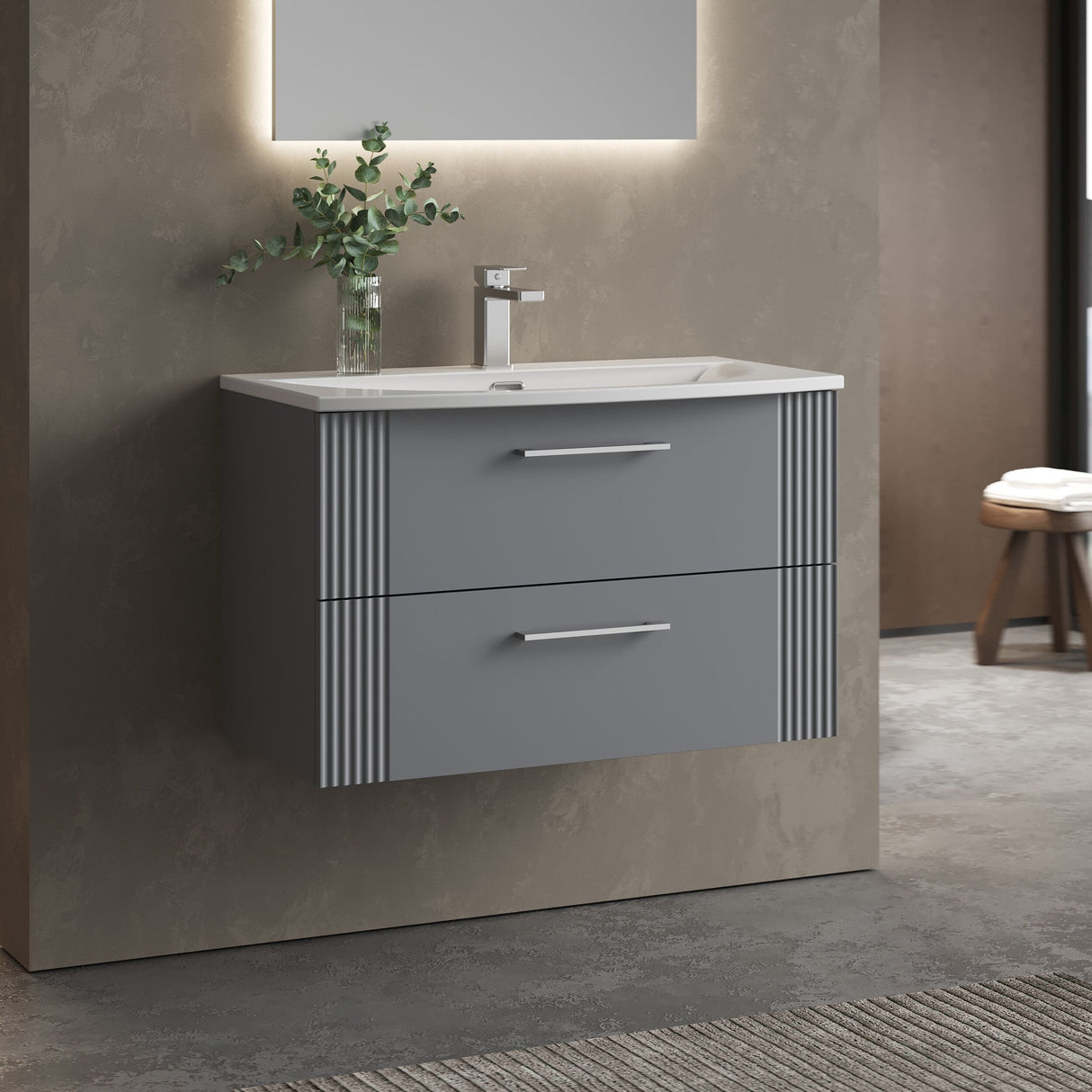 [BFPF295G] Belvide Retro Partial Fluted 2 Drawer Wall Hung Vanity Basin Unit with Curved Basin, Choice of Size and Colour - Lifestyle 3