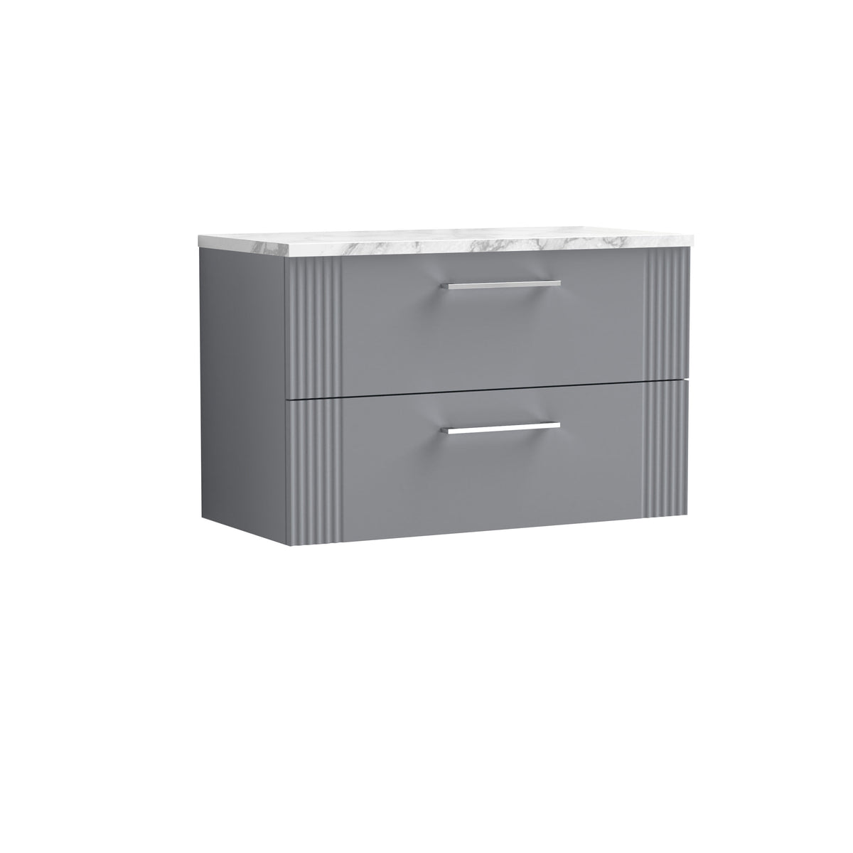 [BFPF295LCM] Belvide Retro Partial Fluted 2 Drawer Wall Hung Vanity Unit with Carrera Marble Laminate Worktop, Choice of Size and Colour - Cutout