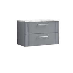 [BFPF295LCM] Belvide Retro Partial Fluted 2 Drawer Wall Hung Vanity Unit with Carrera Marble Laminate Worktop, Choice of Size and Colour - Cutout