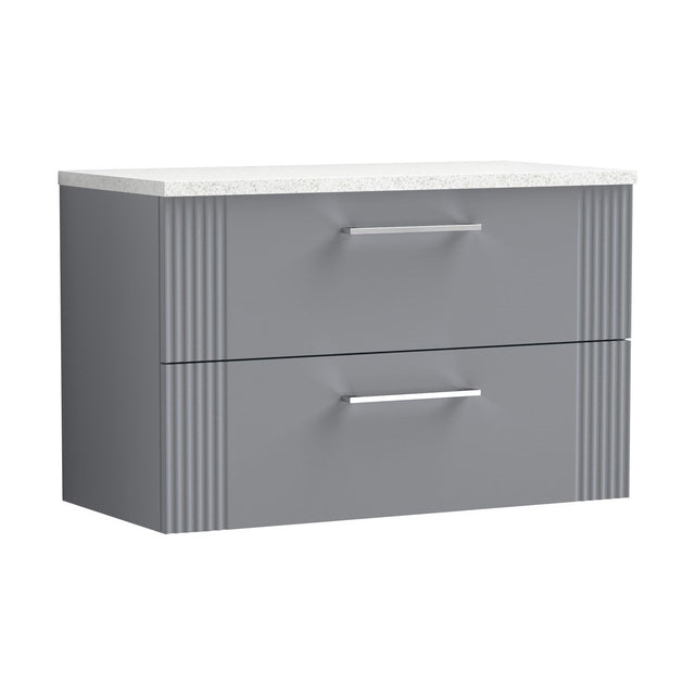 [BFPF295LSW] Partial Fluted 2 Drawer Wall Hung Vanity Unit with Sparkling White Laminate Worktop - 800mm - Satin Grey - Cutout