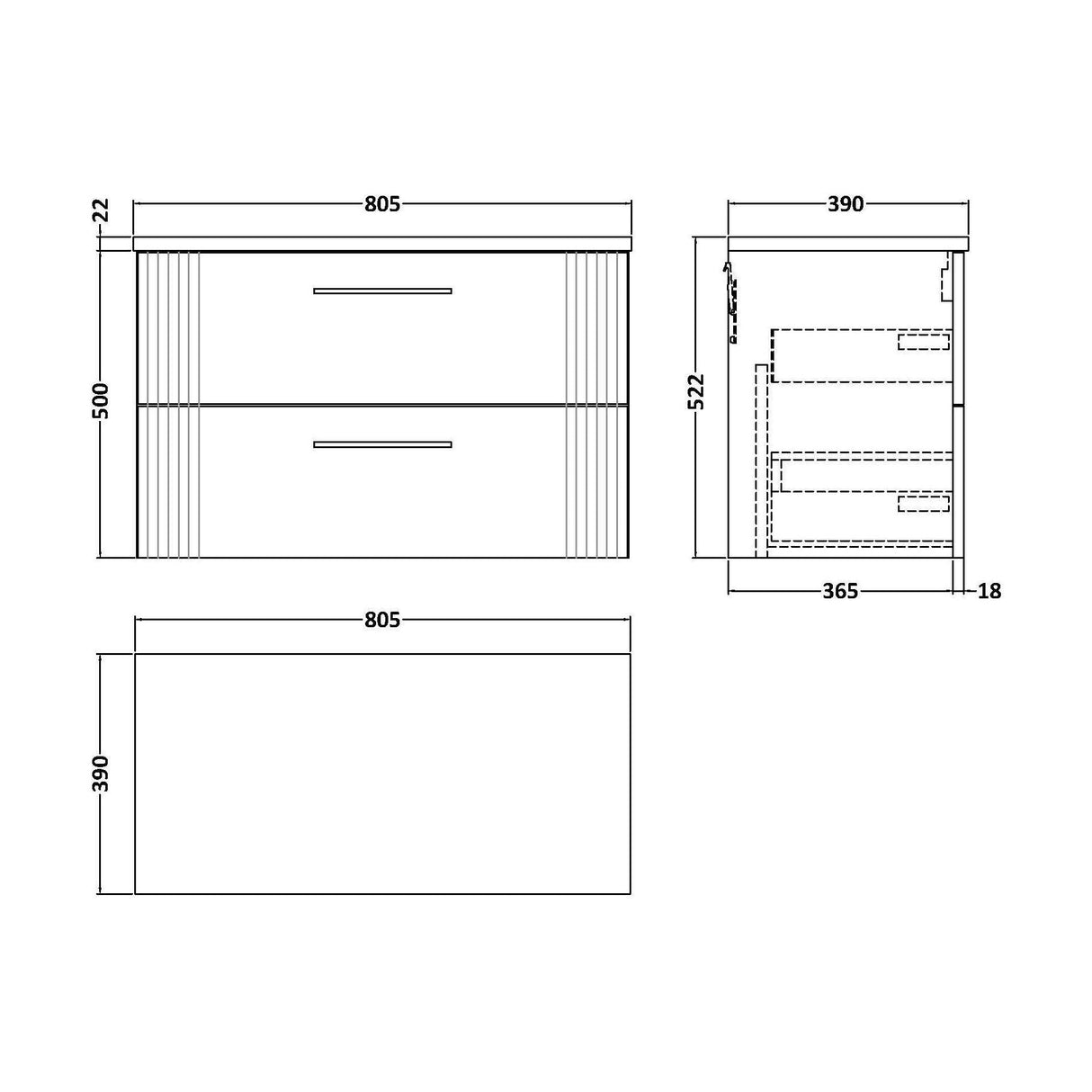 [BFPF295LSW] Belvide Retro Partial Fluted 2 Drawer Wall Hung Vanity Unit with Sparkling White Laminate Worktop, Choice of Size and Colour - Technical Drawing