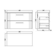 [BFPF295LSW] Belvide Retro Partial Fluted 2 Drawer Wall Hung Vanity Unit with Sparkling White Laminate Worktop, Choice of Size and Colour - Technical Drawing