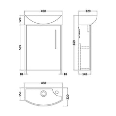 [BFPF2961L] Winshill Contemporary 1 Door Wall Hung Cloakroom Vanity Unit with Basin - Choice of Orientation and Colour - Technical Drawing