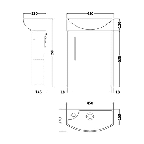 [BFPF2961R] Winshill Contemporary 1 Door Right-Hand Wall Hung Cloakroom Vanity Unit with Basin, Dark Blue, 440mm - Technical Drawing