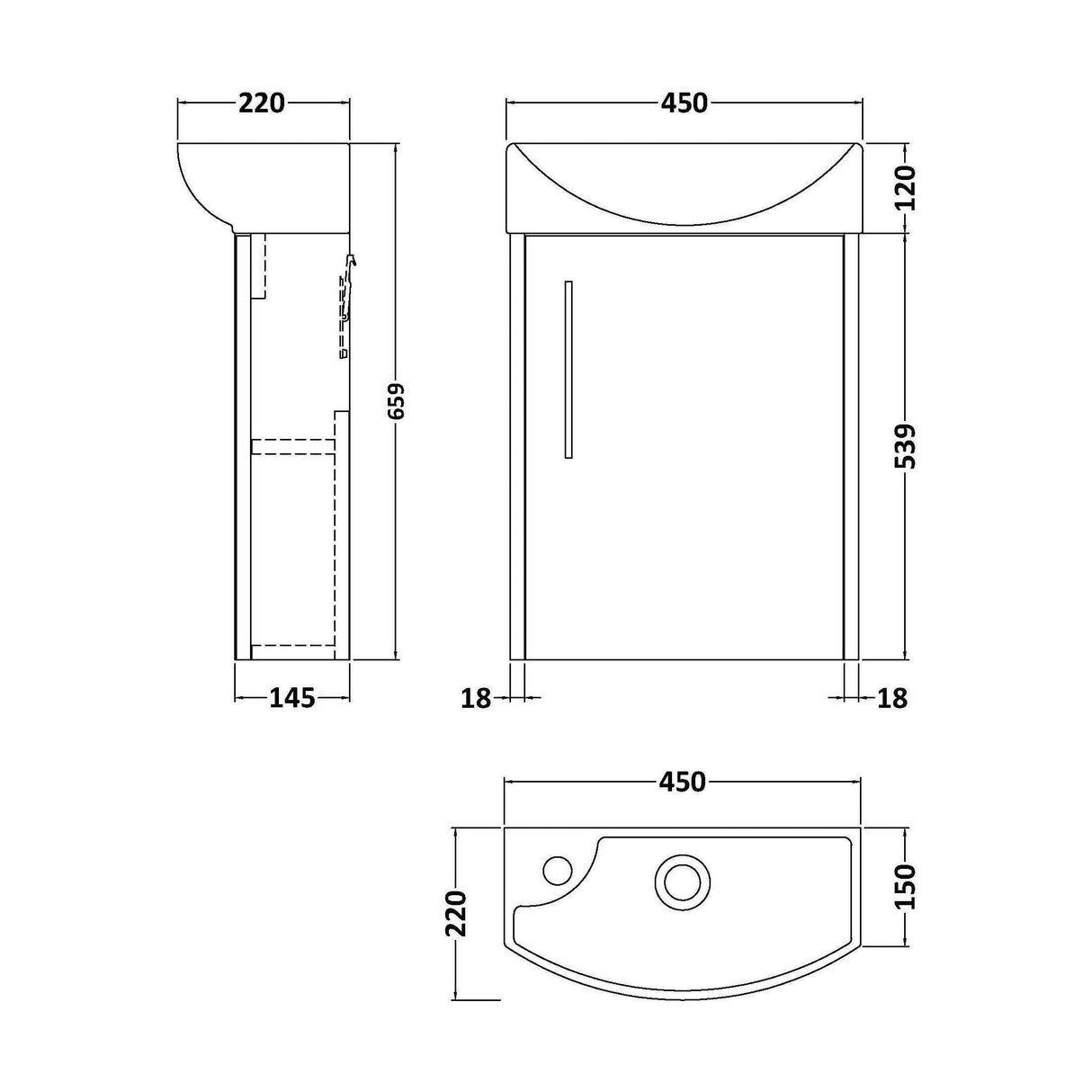 [BFPF2961R] Winshill Contemporary 1 Door Wall Hung Cloakroom Vanity Unit with Basin - Choice of Orientation and Colour - Technical Drawing
