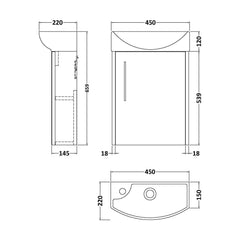 [BFPF2961R] Winshill Contemporary 1 Door Wall Hung Cloakroom Vanity Unit with Basin - Choice of Orientation and Colour - Technical Drawing