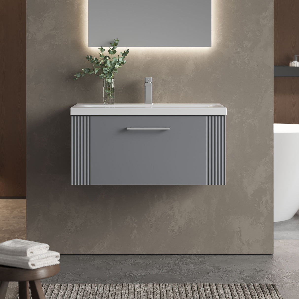 [BFPF296A] Belvide Partial Fluted 1 Drawer Wall Hung Vanity Unit with Mid-Edge 1 Tap Hole Ceramic Basin - Lifestyle 1