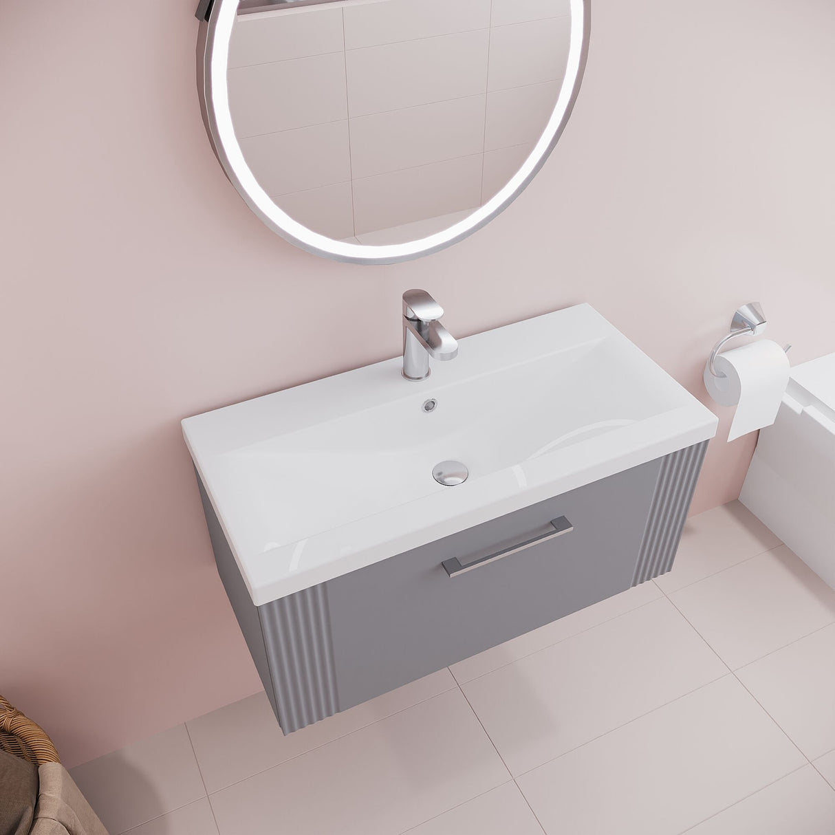 [BFPF296A] Belvide Partial Fluted 1 Drawer Wall Hung Vanity Unit with Mid-Edge 1 Tap Hole Ceramic Basin - Lifestyle 2