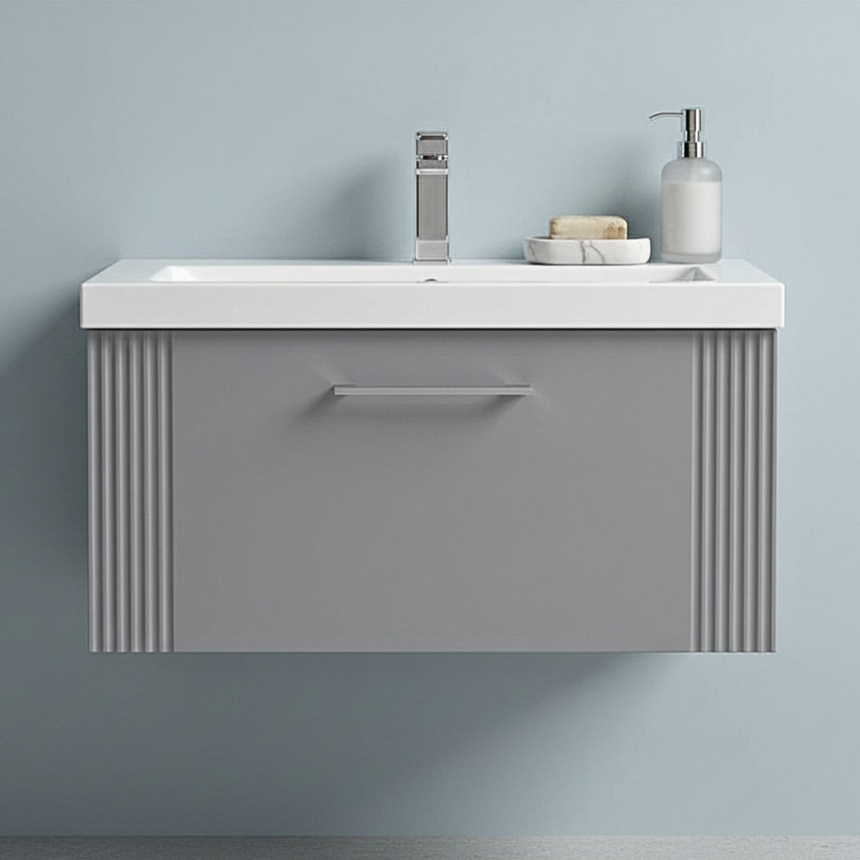 [BFPF296A] Belvide Partial Fluted 1 Drawer Wall Hung Vanity Unit with Mid-Edge 1 Tap Hole Ceramic Basin - Silo