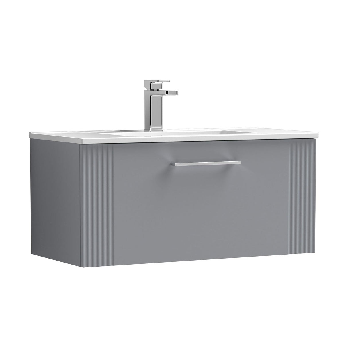 [BFPF296B] Partial Fluted 1 Drawer Wall Hung Vanity Unit with 1 Tap Hole Minimalist Basin - 800mm - Satin Grey - Cutout