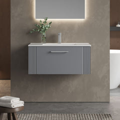 [BFPF296B] Belvide Retro Partial Fluted 1 Drawer Wall Hung Vanity Basin Unit with Minimalist Basin, Choice of Size and Colour