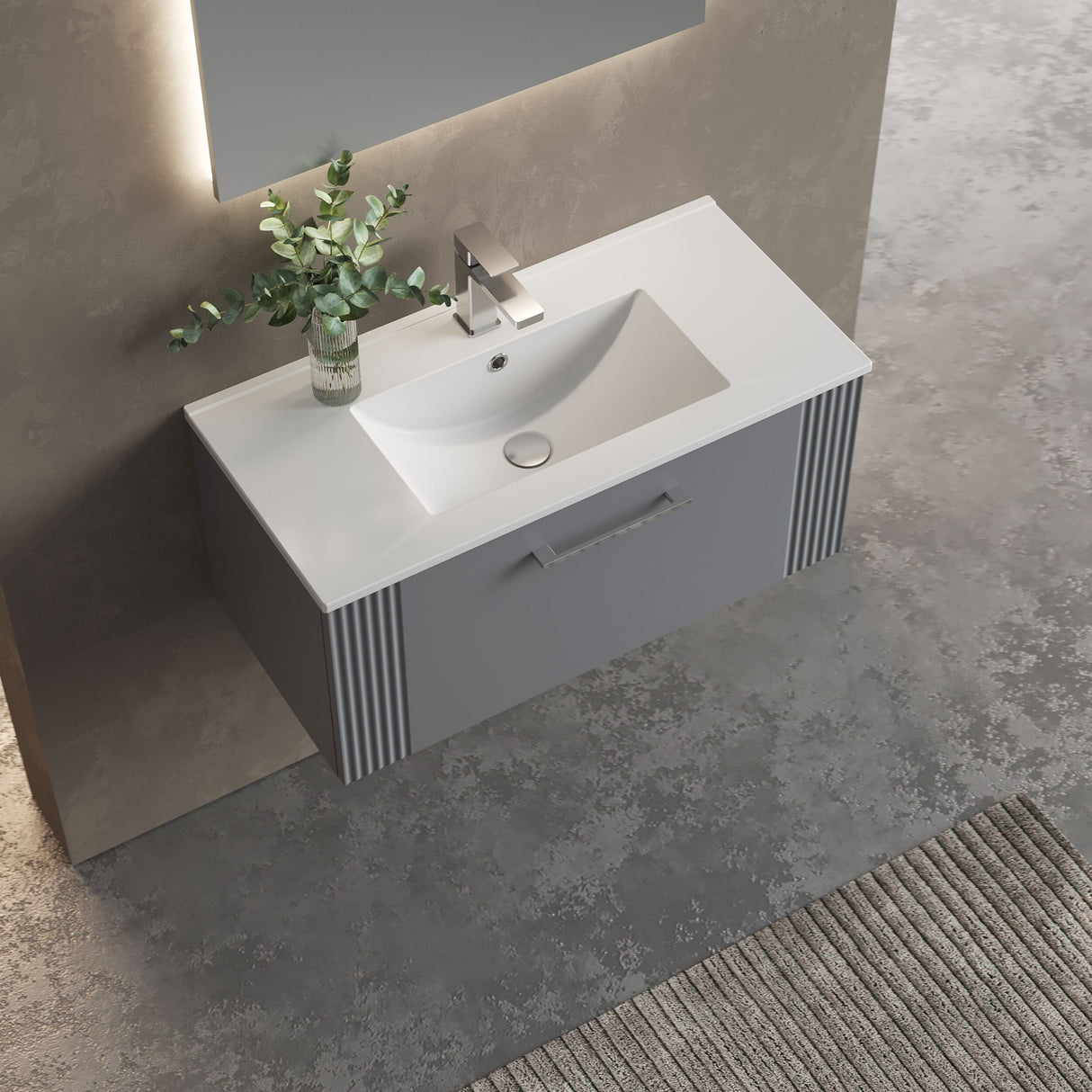 [BFPF296B] Belvide Retro Partial Fluted 1 Drawer Wall Hung Vanity Basin Unit with Minimalist Basin, Choice of Size and Colour