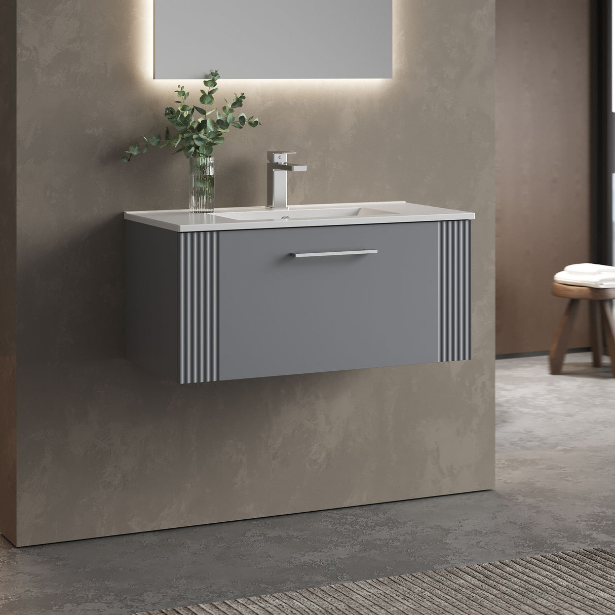 [BFPF296B] Belvide Retro Partial Fluted 1 Drawer Wall Hung Vanity Basin Unit with Minimalist Basin, Choice of Size and Colour