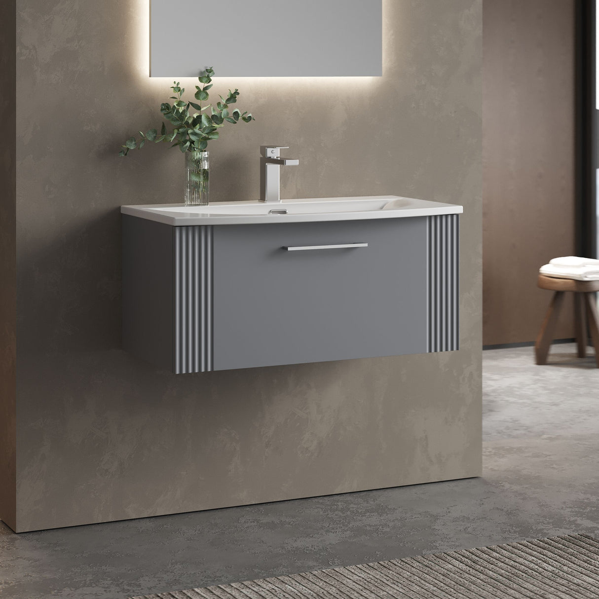 [BFPF296G] Partial Fluted 1 Drawer Wall Hung Vanity Unit with 1 Tap Hole Curved Basin- 800mm - Satin Grey - Lifestyle 3