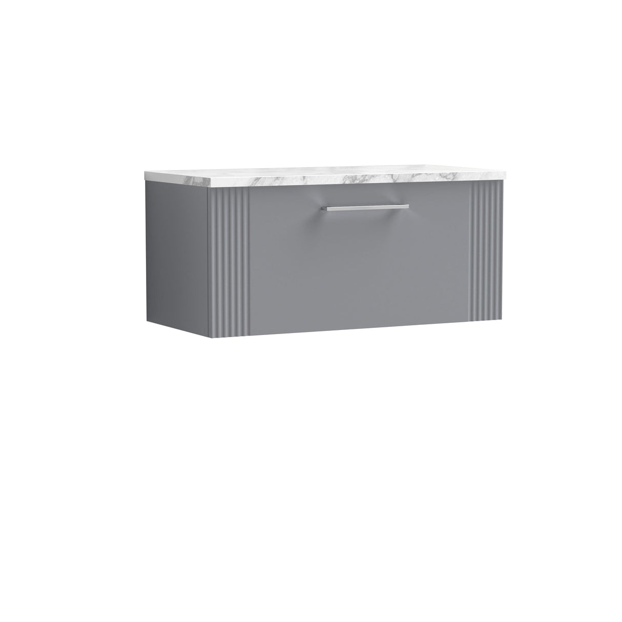 [BFPF296LCM] Belvide Retro Partial Fluted 1 Drawer Wall Hung Vanity Unit with Carrera Marble Laminate Worktop, Choice of Size and Colour - Cutout