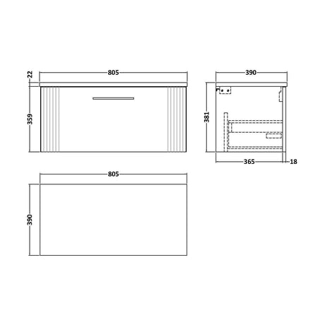[BFPF296LSW] Partial Fluted 1 Drawer Wall Hung Vanity Unit with Sparkling White Laminate Worktop - 800mm - Satin Grey - Technical Drawing