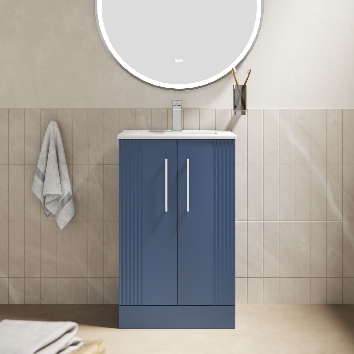 [BFPF323B] Belvide Retro Partial Fluted 2 Door Floor Standing Vanity Basin Unit with Minimalist Basin, Choice of Size and Colour - Lifestyle 1