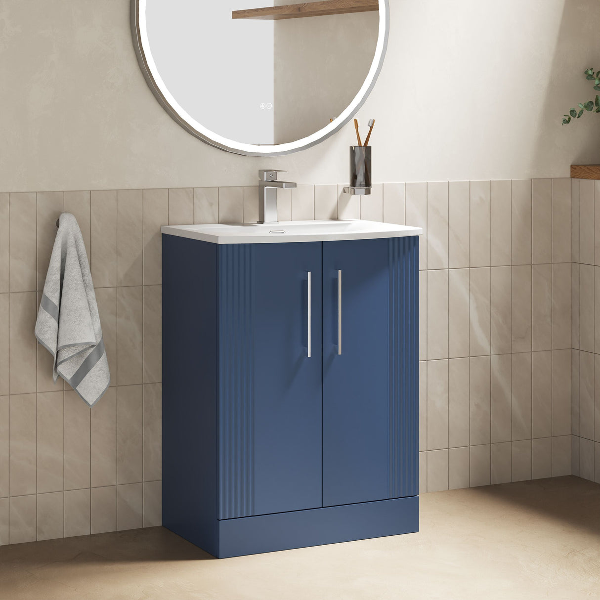 [BFPF325G] Belvide Retro Partial Fluted 2 Door Floor Standing Vanity Basin Unit with Curved Basin, Choice of Size and Colour - Lifestyle 3